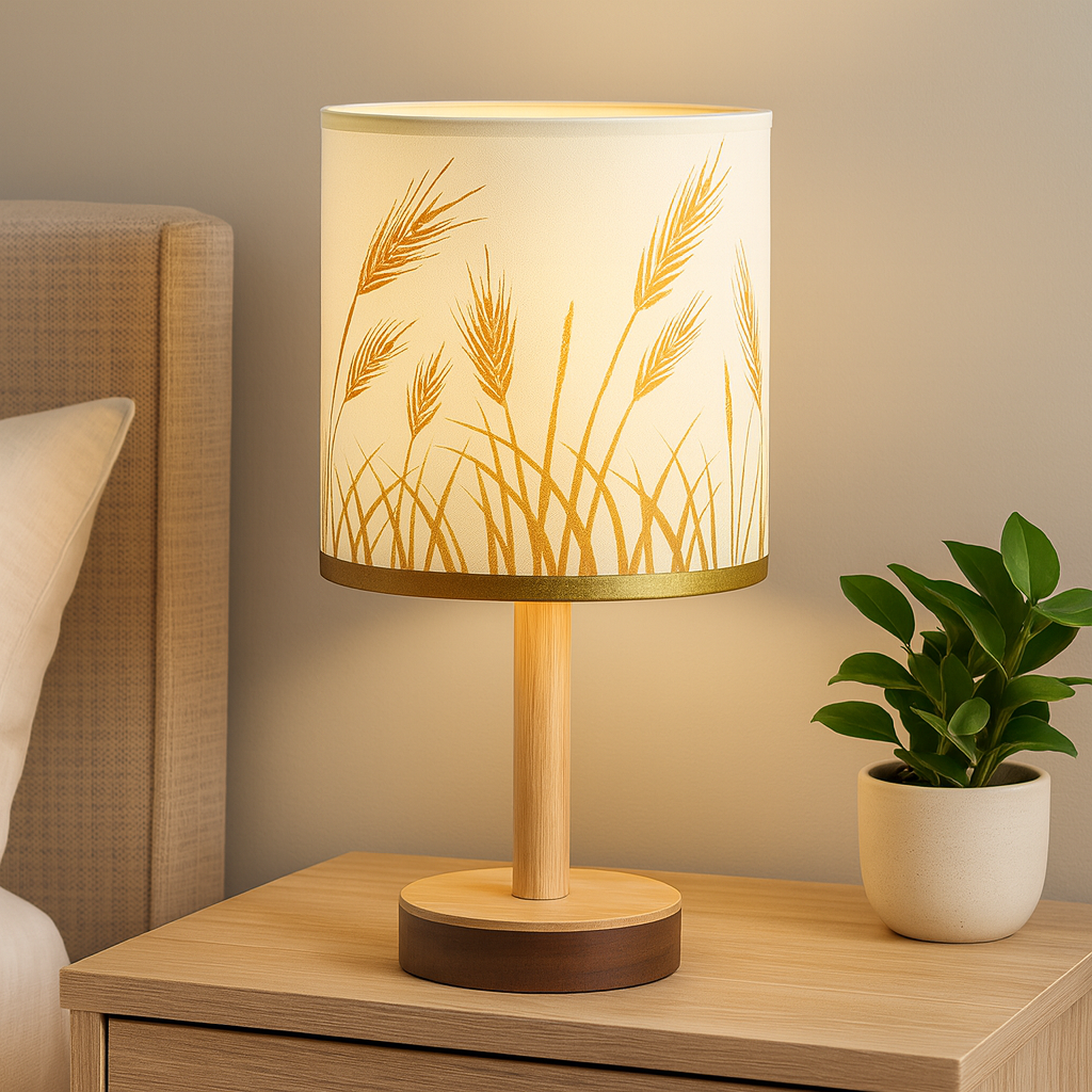 Homes Elite Decorative Bedside Table Lamp with Wheat Pattern Fabric Shade & Wooden Base