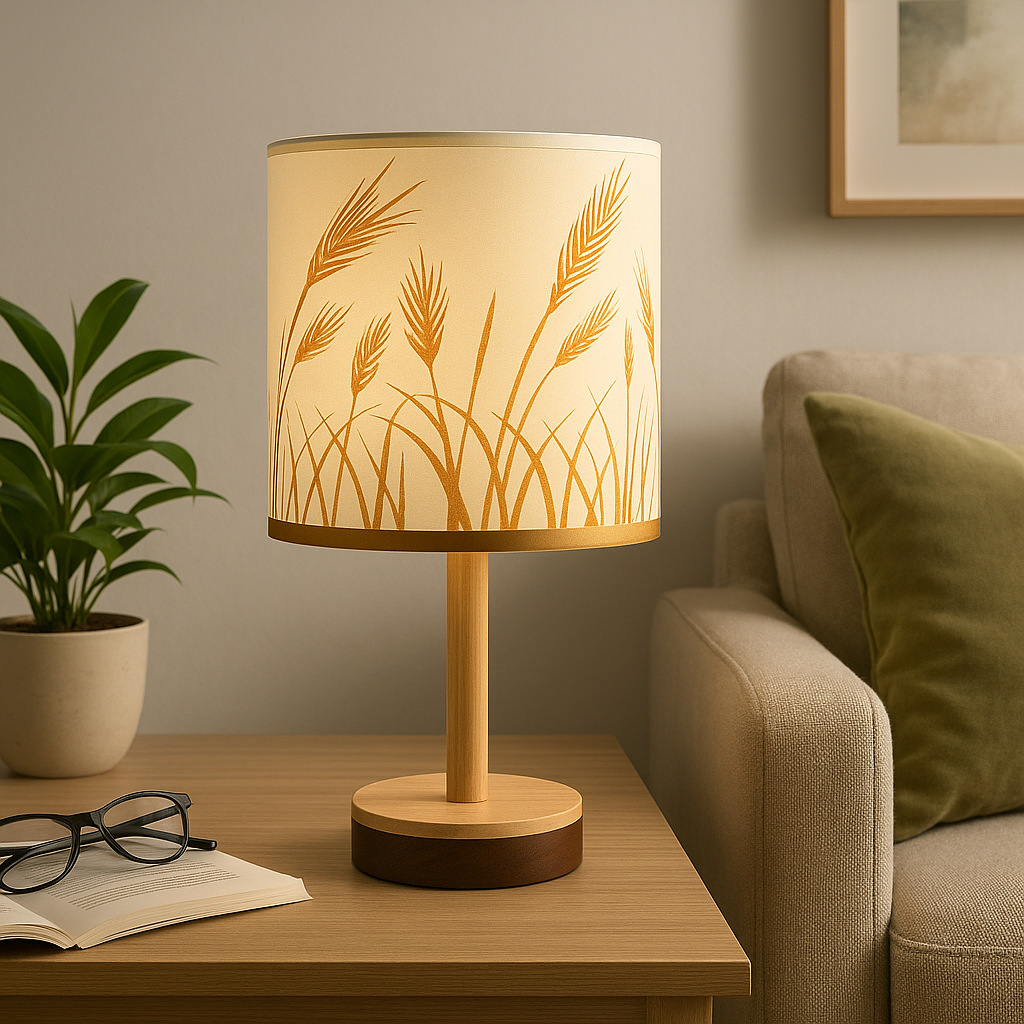 Homes Elite Decorative Bedside Table Lamp with Wheat Pattern Fabric Shade & Wooden Base