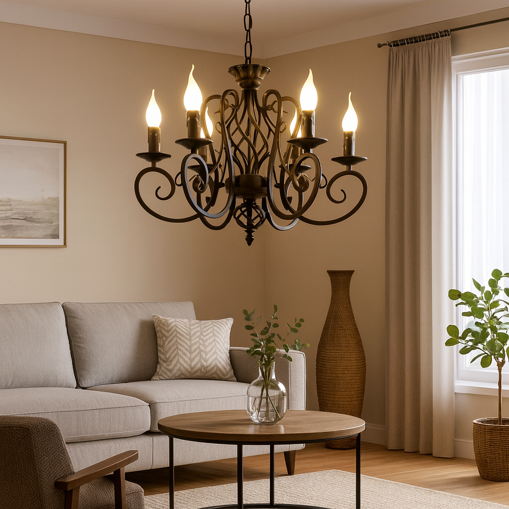 Homes Elite Rustic Black Iron Chandelier 6-Light Vintage Scroll Pendant for Farmhouse & Traditional Interiors