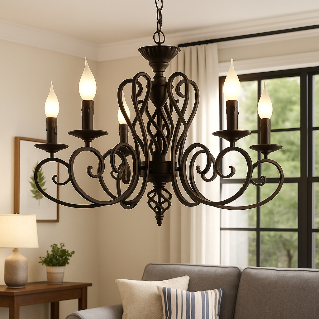 Homes Elite Rustic Black Iron Chandelier 6-Light Vintage Scroll Pendant for Farmhouse & Traditional Interiors