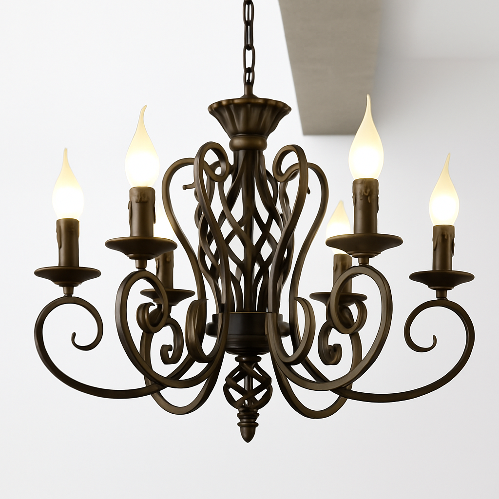 Homes Elite Rustic Black Iron Chandelier 6-Light Vintage Scroll Pendant for Farmhouse & Traditional Interiors
