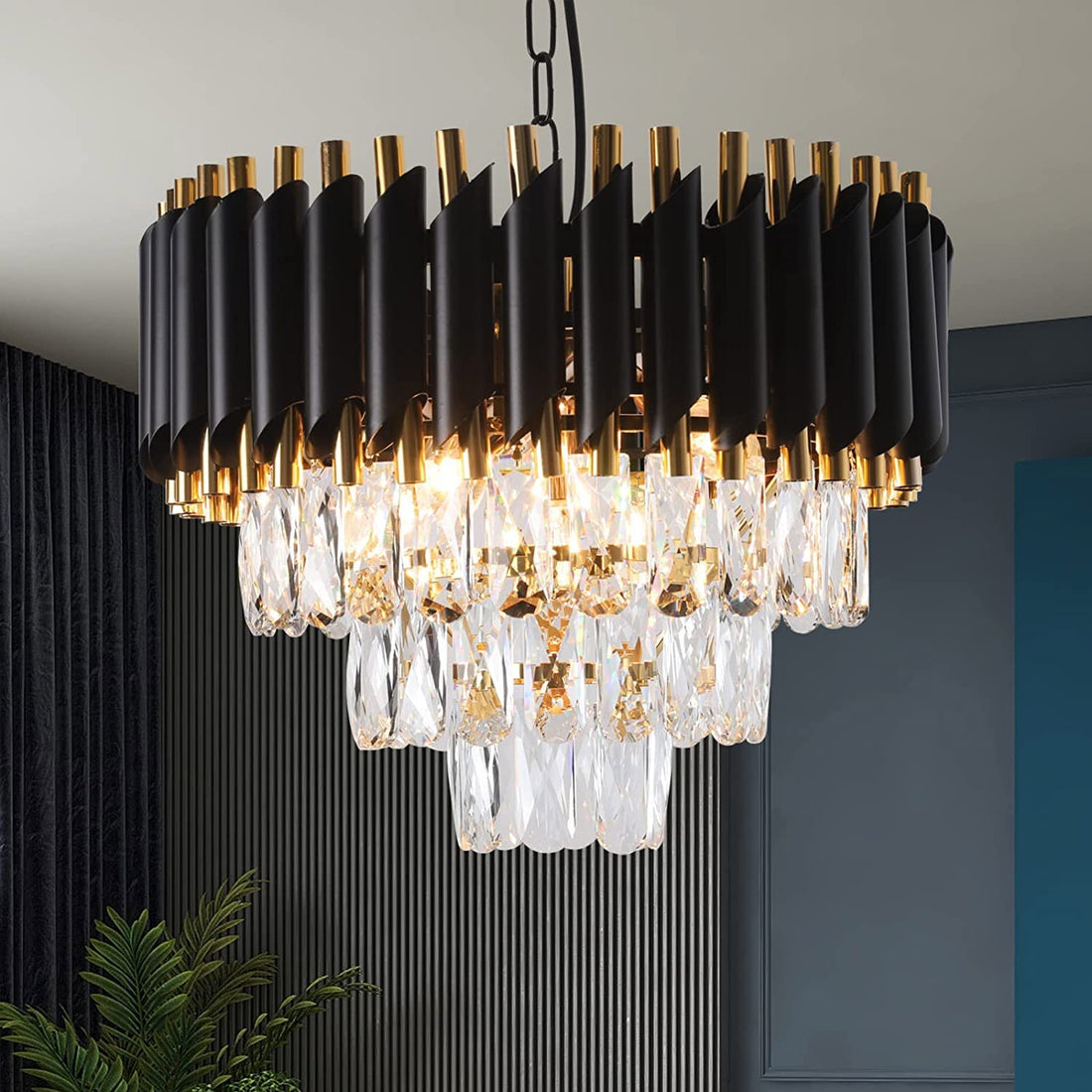 Homes Elite Luxury Black & Gold Crystal Chandelier Modern Tiered Pendant Light for Living & Dining Rooms