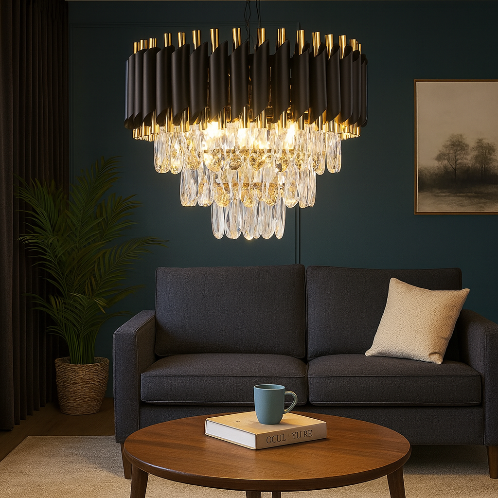 Homes Elite Luxury Black & Gold Crystal Chandelier Modern Tiered Pendant Light for Living & Dining Rooms