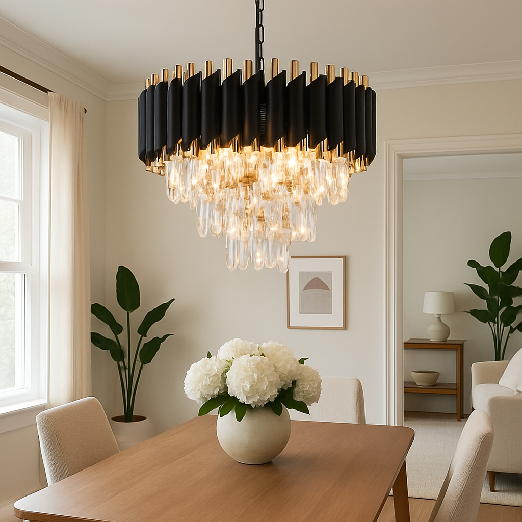 Homes Elite Luxury Black & Gold Crystal Chandelier Modern Tiered Pendant Light for Living & Dining Rooms