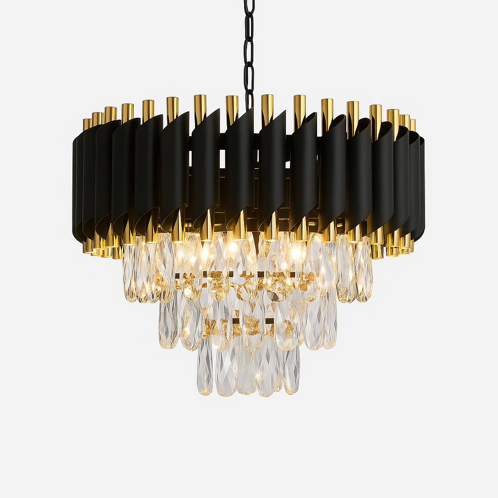Homes Elite Luxury Black & Gold Crystal Chandelier Modern Tiered Pendant Light for Living & Dining Rooms