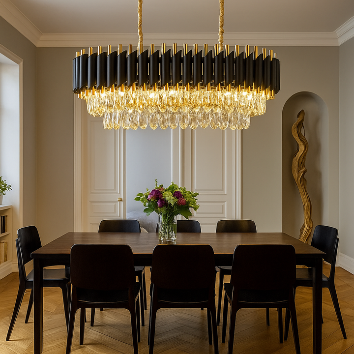 Homes Elite Modern Black & Gold Crystal Linear Chandelier Luxury Dining Room Ceiling Light