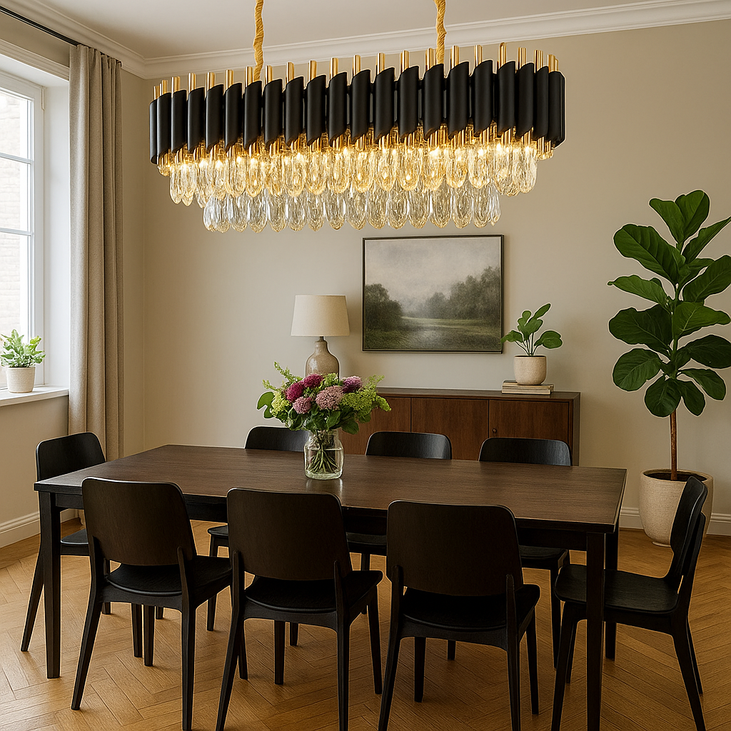 Homes Elite Modern Black & Gold Crystal Linear Chandelier Luxury Dining Room Ceiling Light