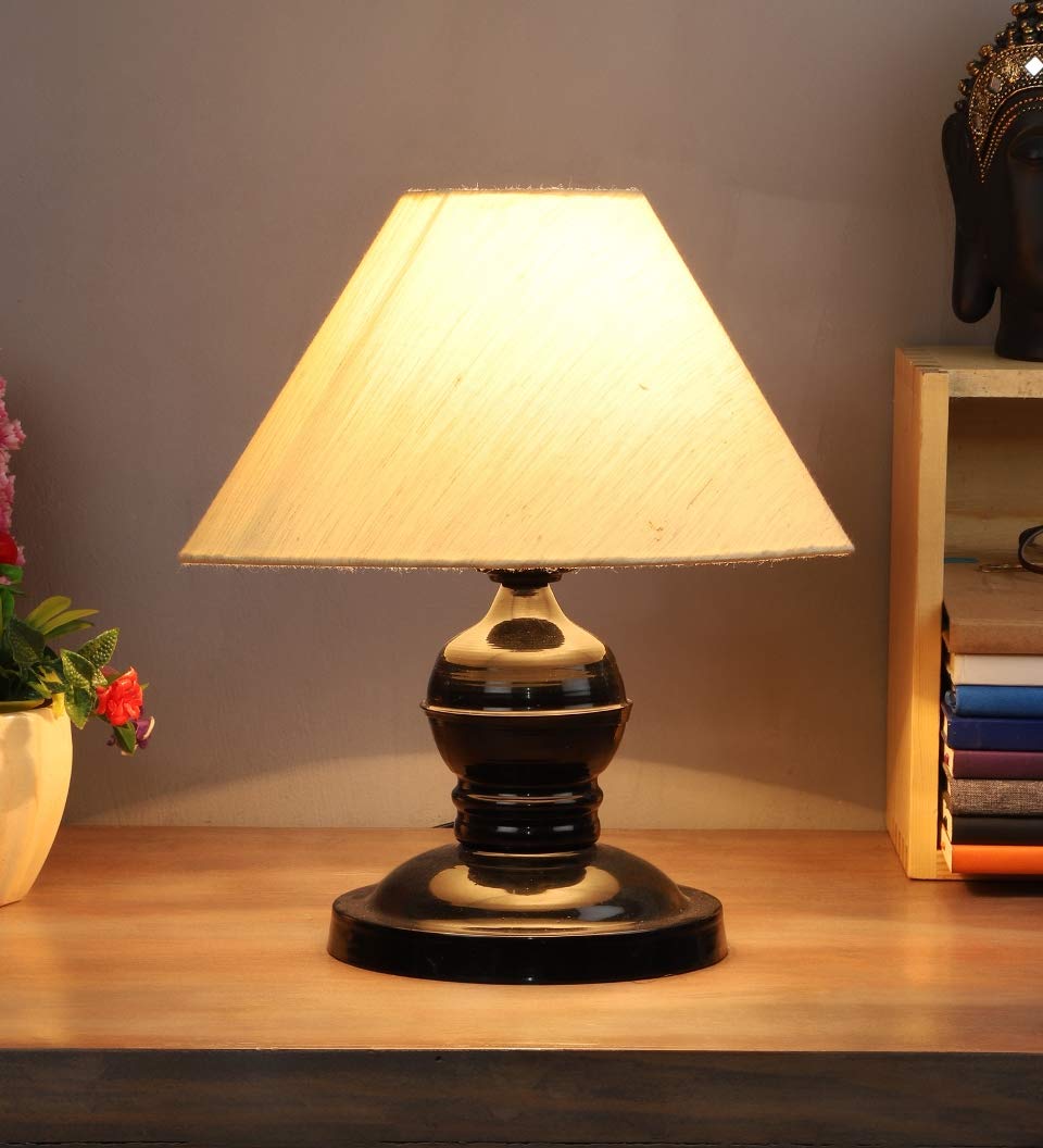 Homes Elite Classic Black & Gold Table Lamp Elegant Bedside Light with Beige Fabric Shade for Home or Office Decor