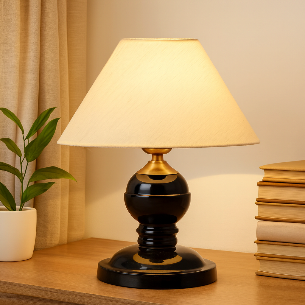 Homes Elite Classic Black & Gold Table Lamp Elegant Bedside Light with Beige Fabric Shade for Home or Office Decor