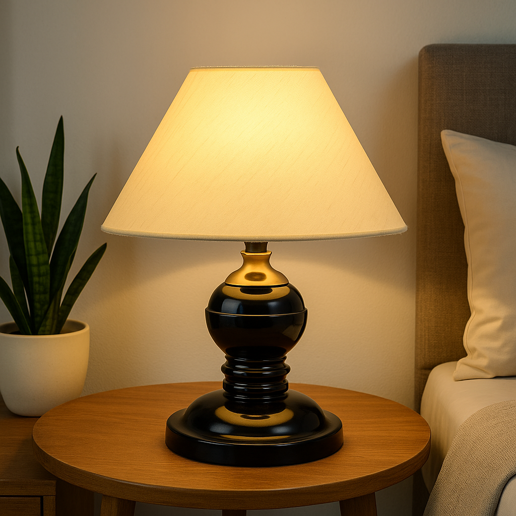 Homes Elite Classic Black & Gold Table Lamp Elegant Bedside Light with Beige Fabric Shade for Home or Office Decor