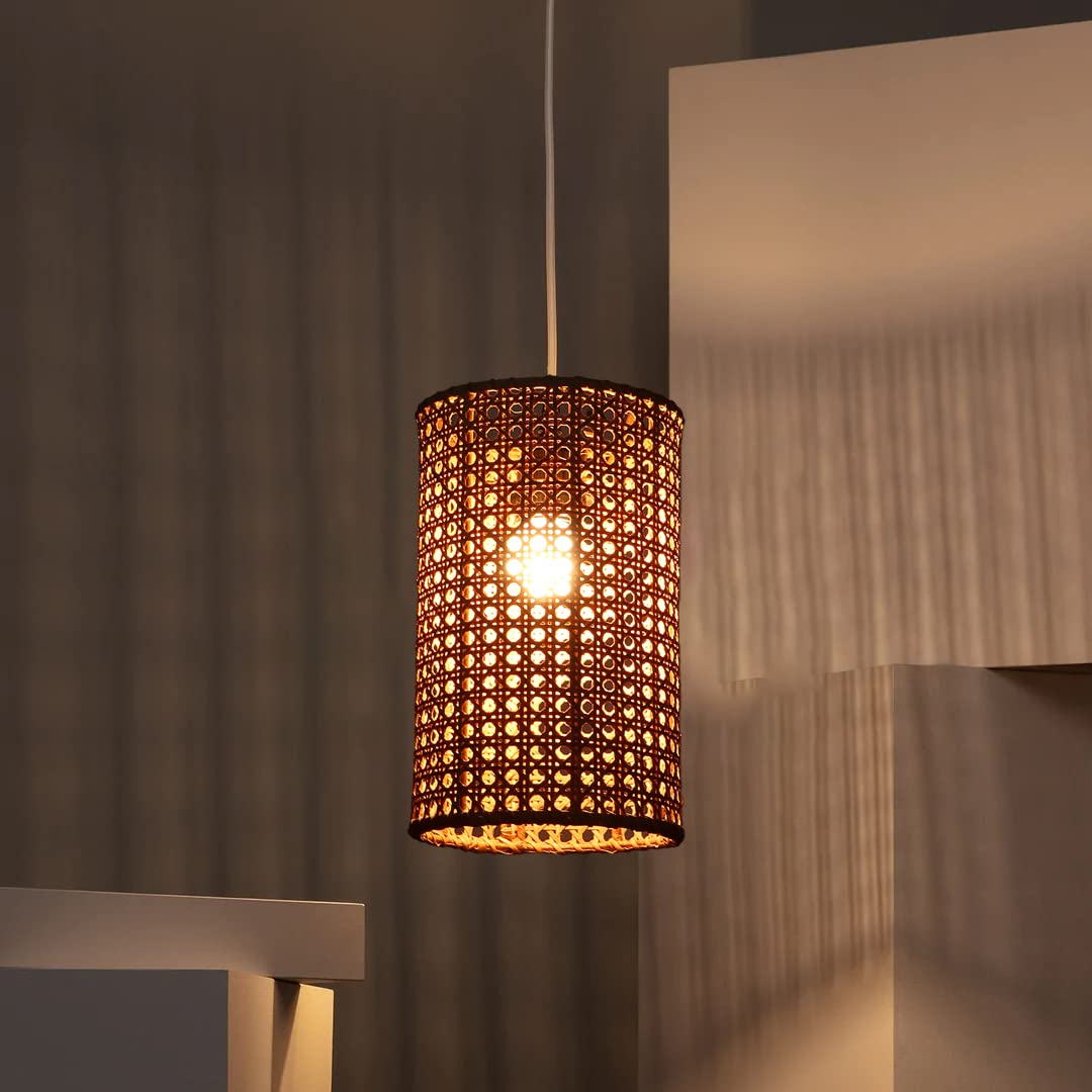 Homes Elite Boho Rattan Pendant Light Handwoven Cylinder Shade for Cozy Ambient Lighting
