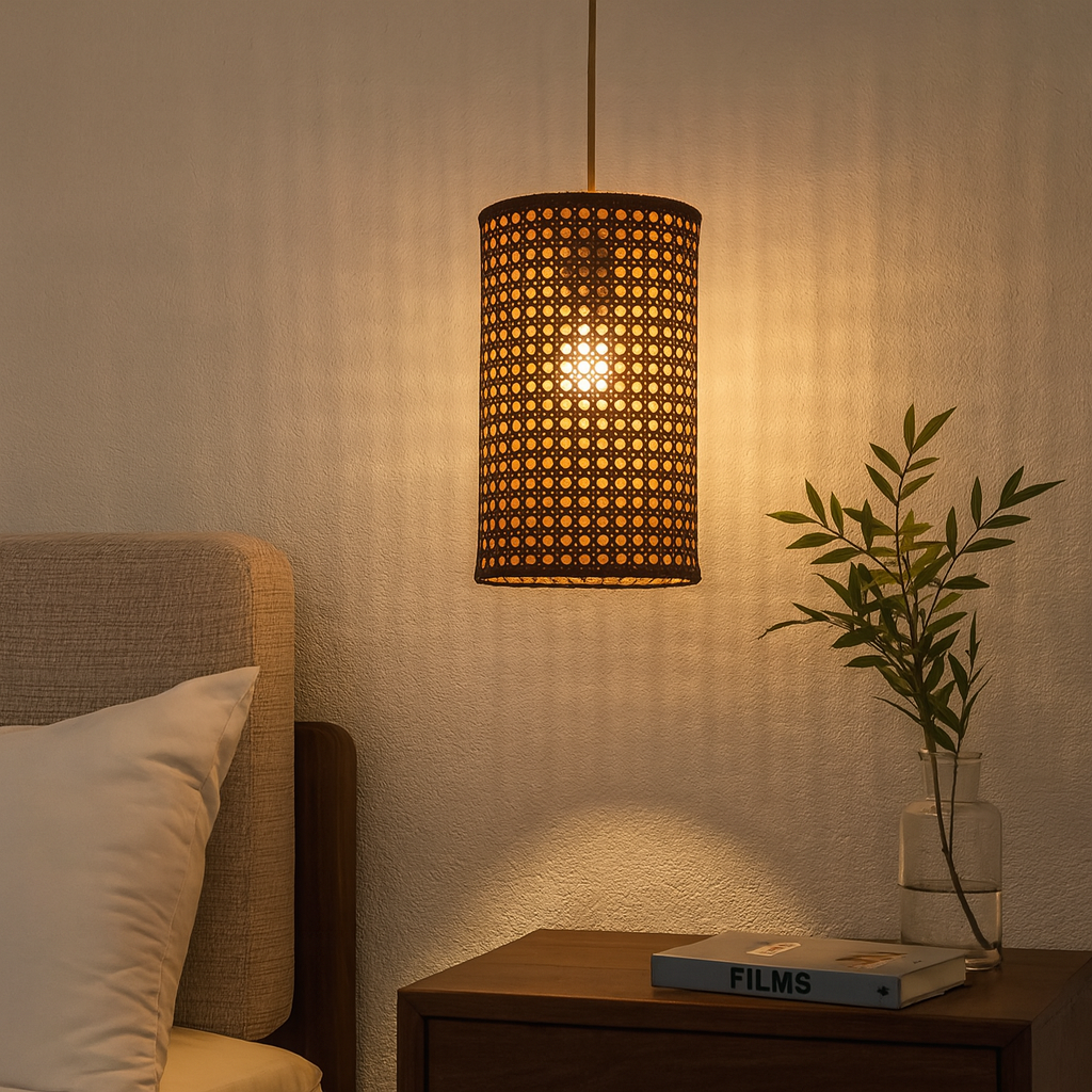 Homes Elite Boho Rattan Pendant Light Handwoven Cylinder Shade for Cozy Ambient Lighting