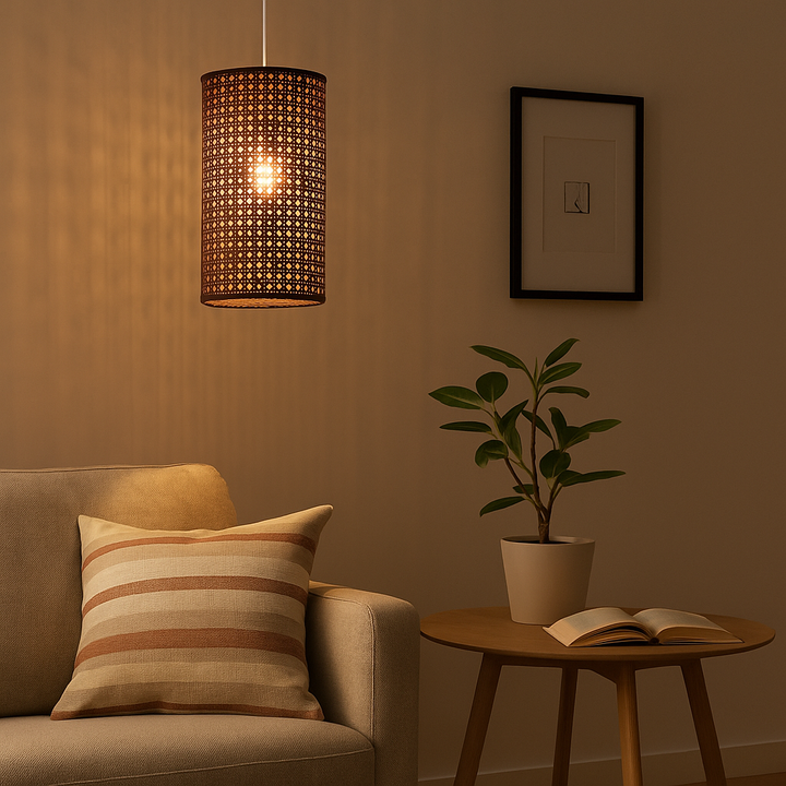 Homes Elite Boho Rattan Pendant Light Handwoven Cylinder Shade for Cozy Ambient Lighting