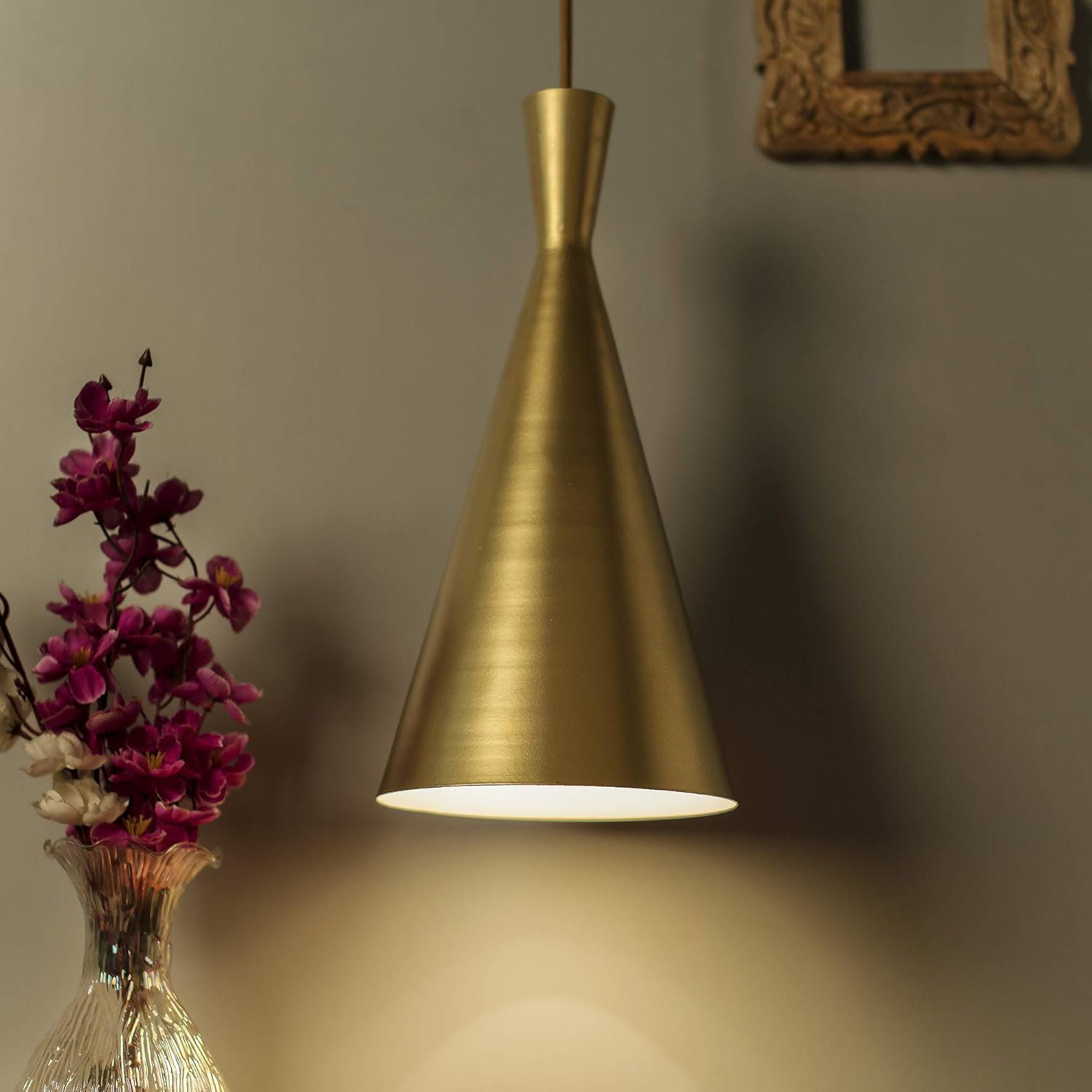 Homes Elite Modern Brass Cone Pendant Light Sleek Minimal Design for Ambient Lighting