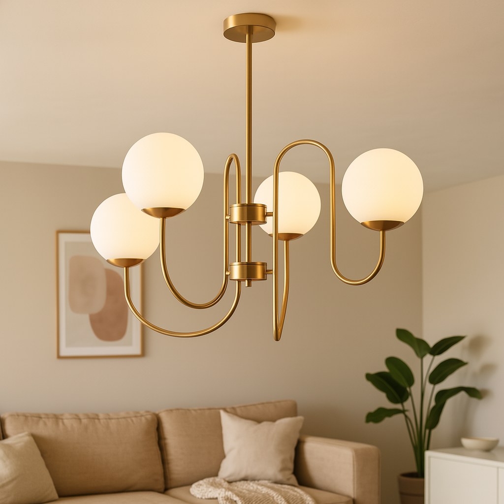 Homes Elite 5-Light Brass Globe Chandelier Modern Mid-Century Ceiling Light with Frosted Glass Shades for Living, Dining, or Foyer Spaces