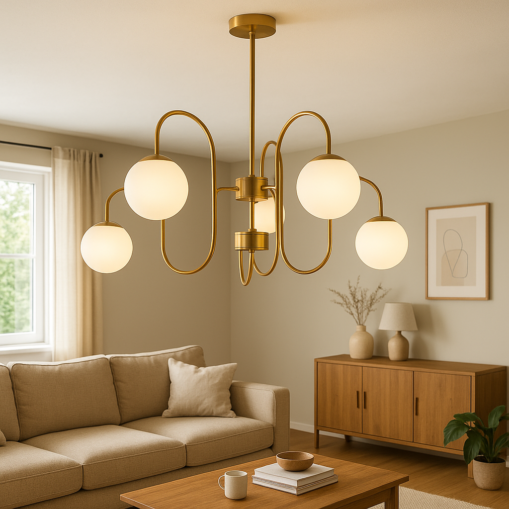 Homes Elite 5-Light Brass Globe Chandelier Modern Mid-Century Ceiling Light with Frosted Glass Shades for Living, Dining, or Foyer Spaces