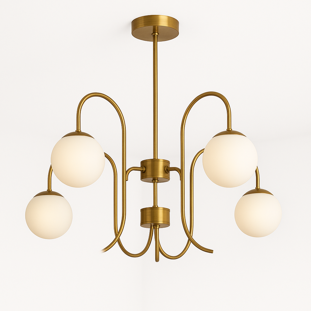 Homes Elite 5-Light Brass Globe Chandelier Modern Mid-Century Ceiling Light with Frosted Glass Shades for Living, Dining, or Foyer Spaces