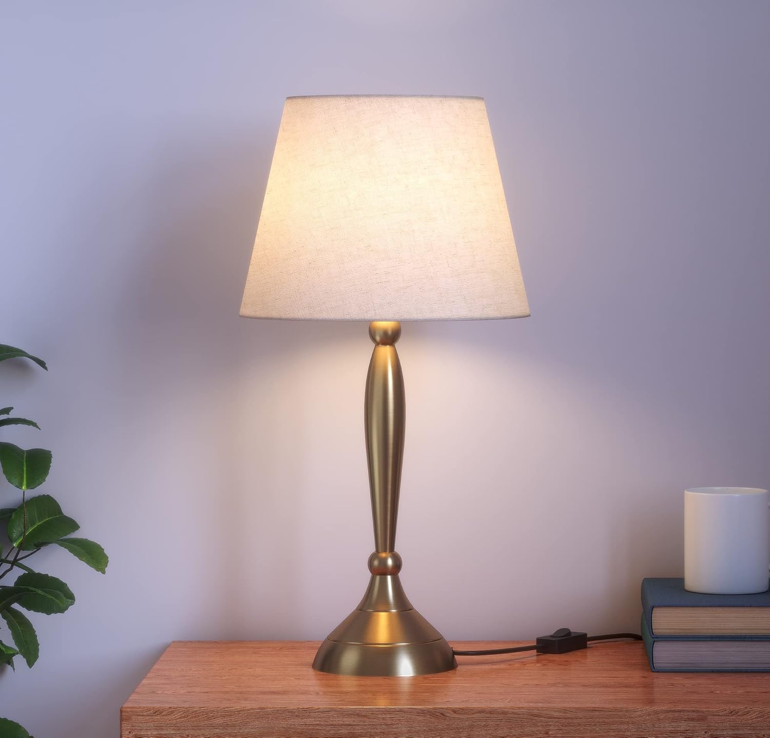 Homes Elite Brushed Brass Table Lamp with Classic Linen Shade Warm Glow Accent Lighting for Bedroom or Study