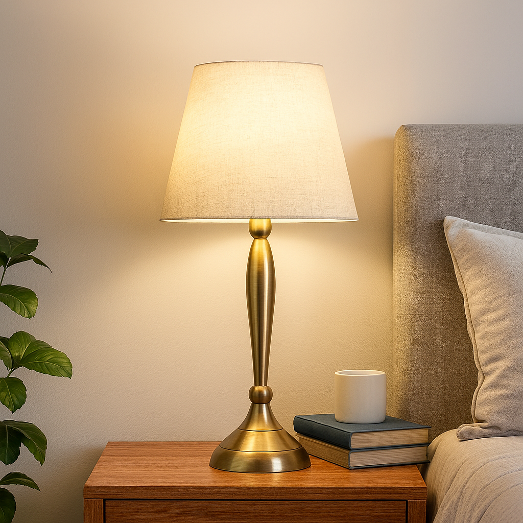 Homes Elite Brushed Brass Table Lamp with Classic Linen Shade Warm Glow Accent Lighting for Bedroom or Study