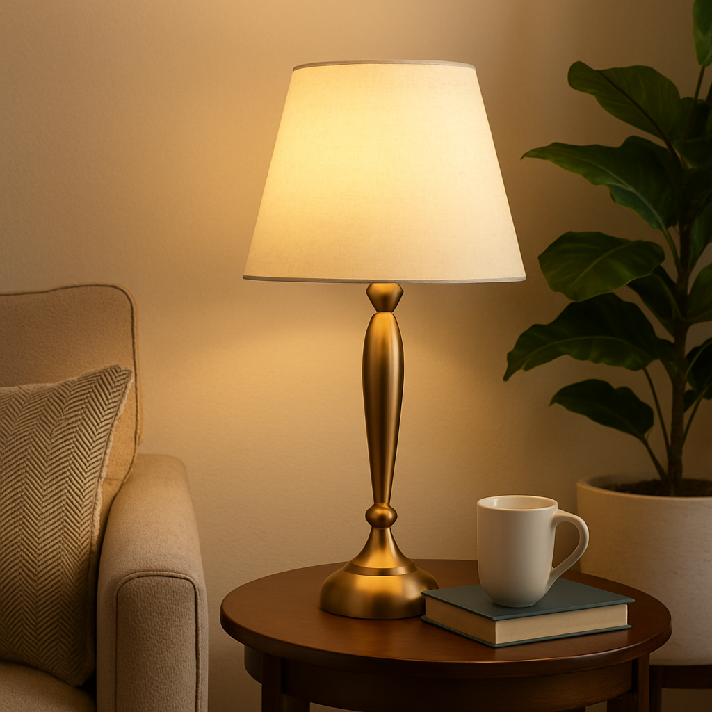 Homes Elite Brushed Brass Table Lamp with Classic Linen Shade Warm Glow Accent Lighting for Bedroom or Study