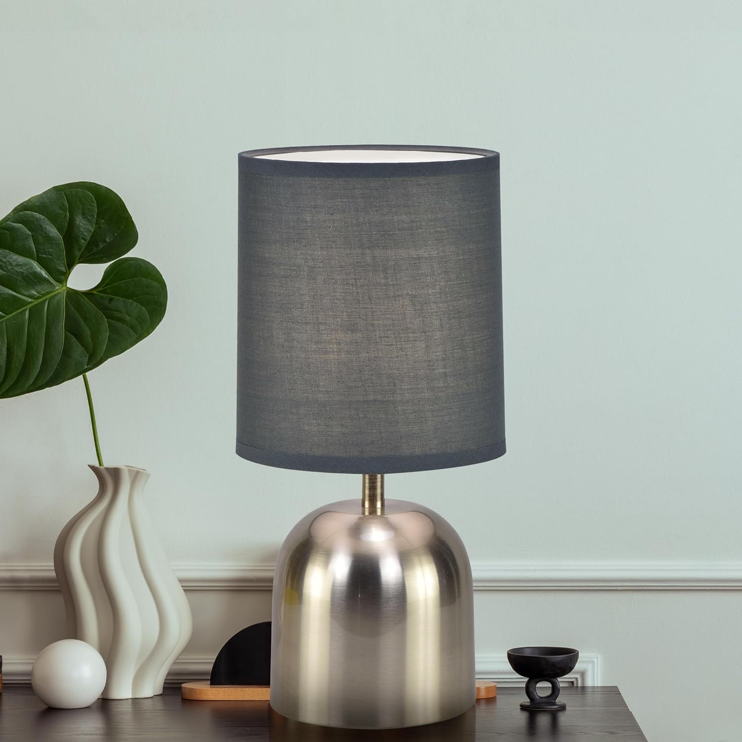 Homes Elite Brushed Steel Table Lamp with Charcoal Grey Linen Shade Modern Minimalist Design