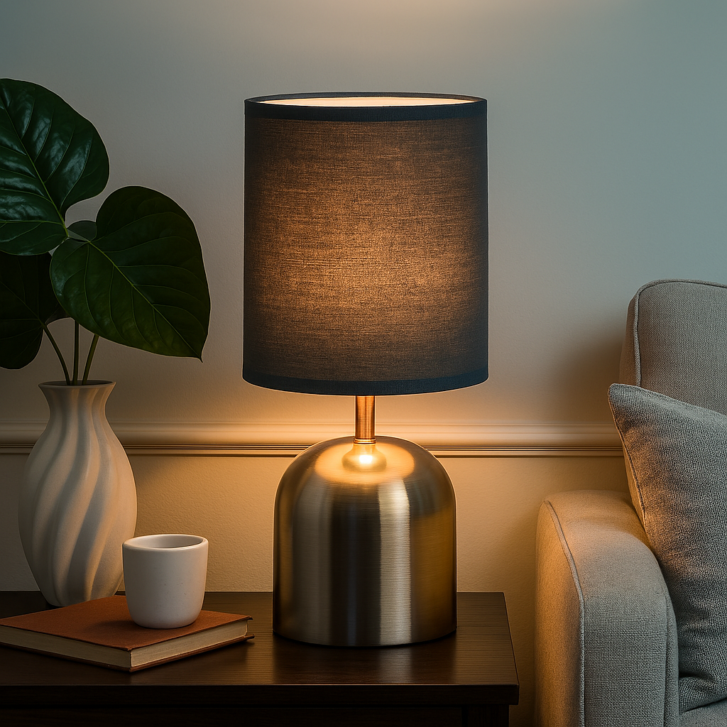 Homes Elite Brushed Steel Table Lamp with Charcoal Grey Linen Shade Modern Minimalist Design