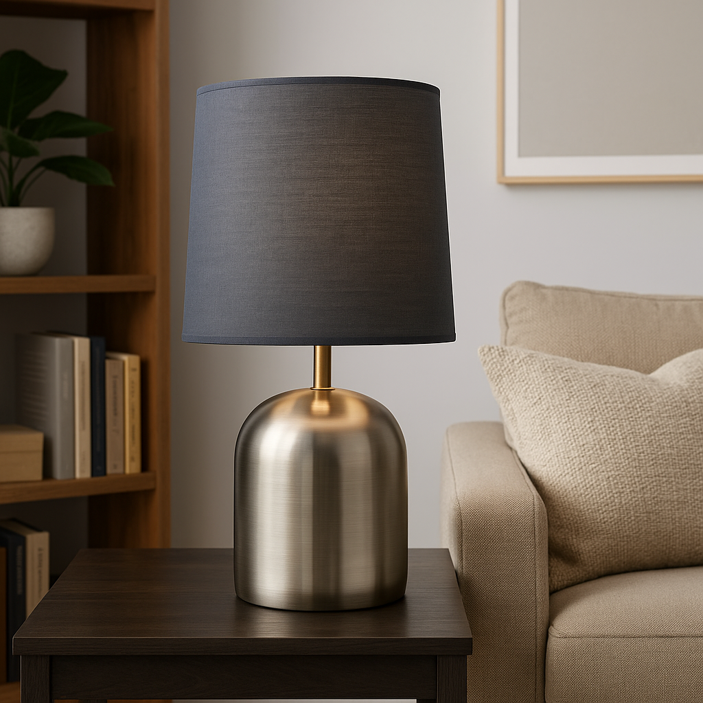 Homes Elite Brushed Steel Table Lamp with Charcoal Grey Linen Shade Modern Minimalist Design