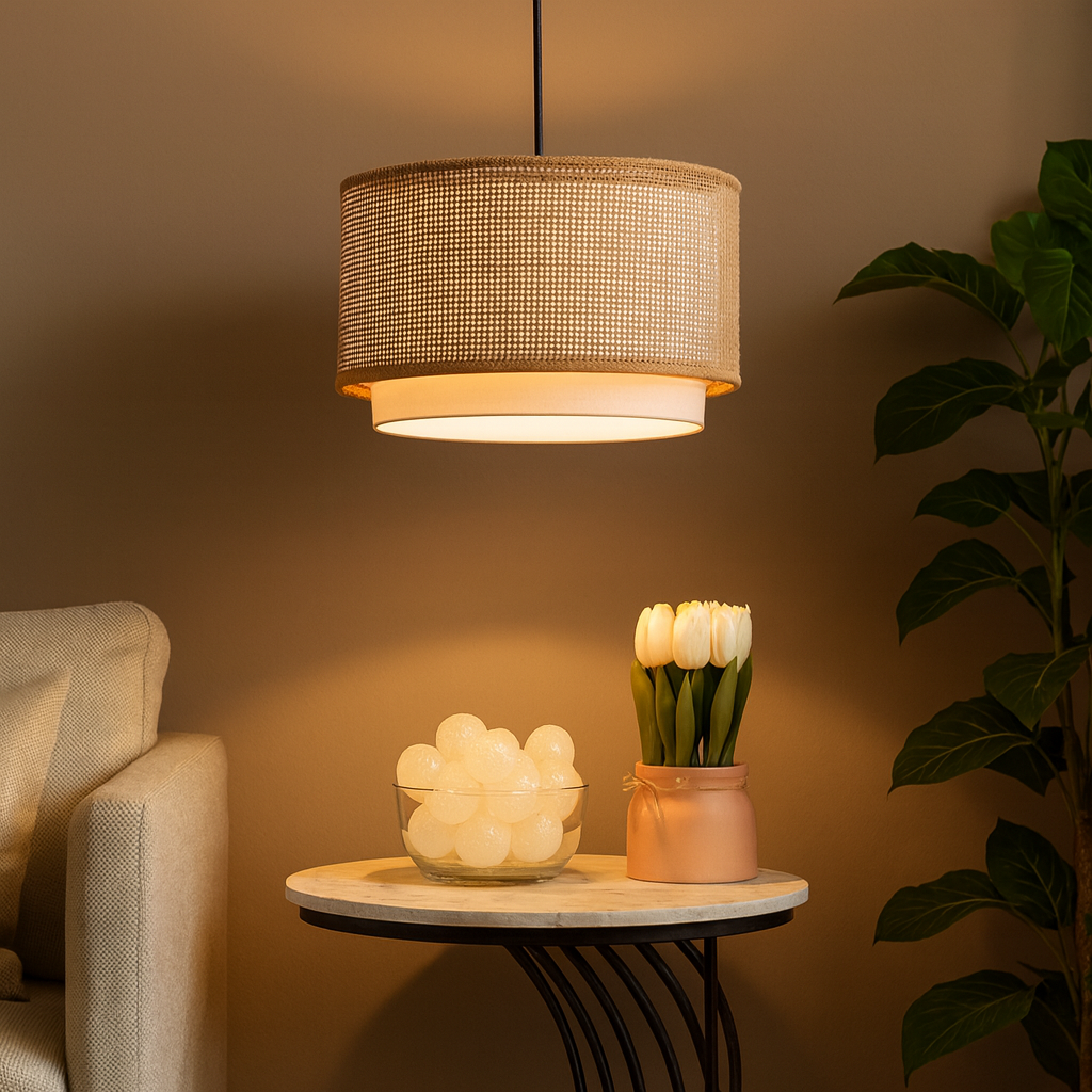 Homes Elite Woven Cane Drum Pendant Light Boho Rattan Hanging Lamp for Cozy Home Interiors