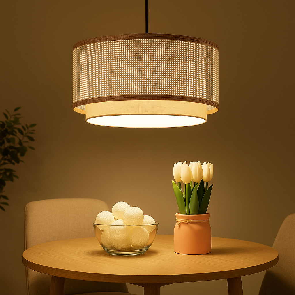 Homes Elite Woven Cane Drum Pendant Light Boho Rattan Hanging Lamp for Cozy Home Interiors