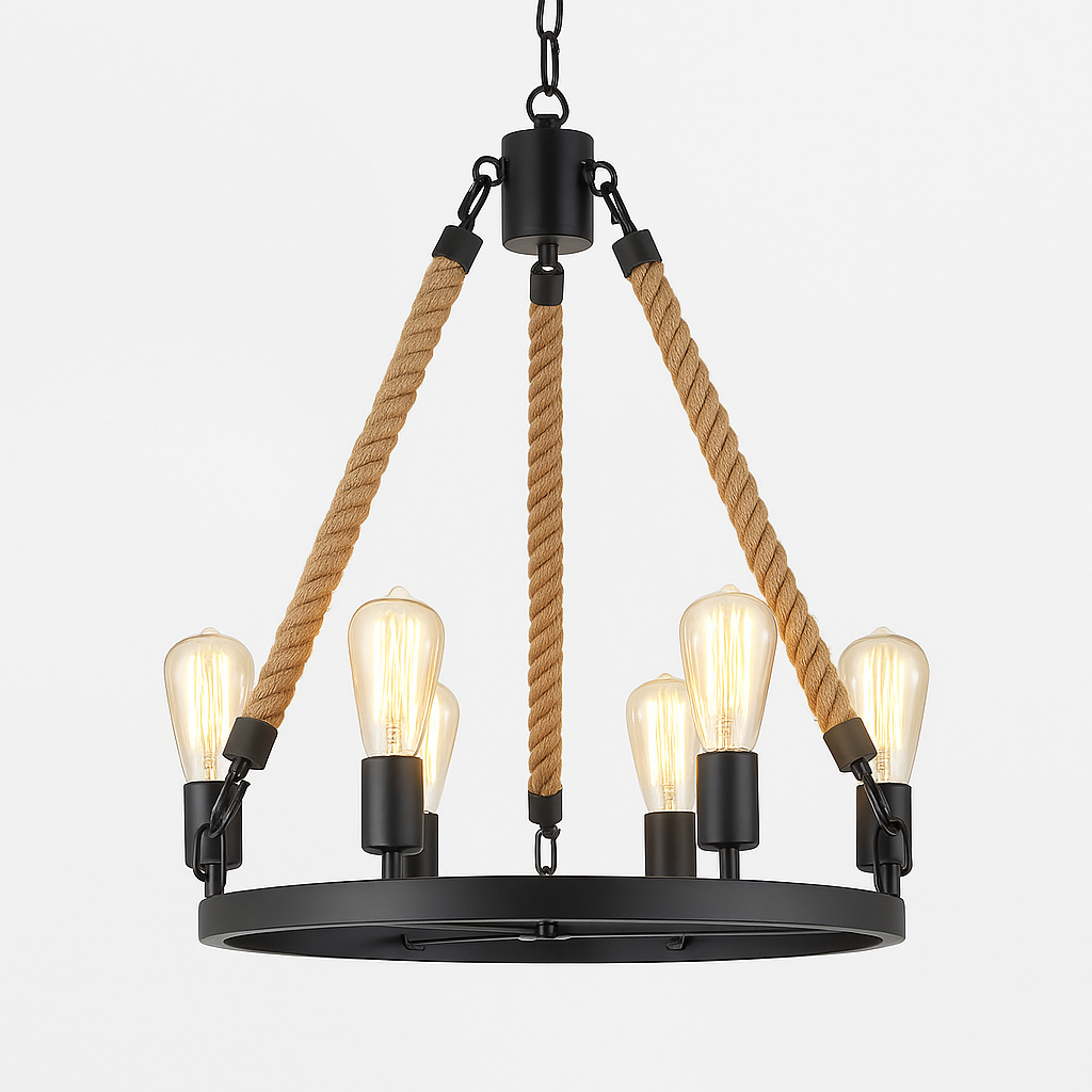 Homes Elite Rustic Rope Chandelier 6-Light Industrial Pendant with Edison Bulbs and Matte Black Frame