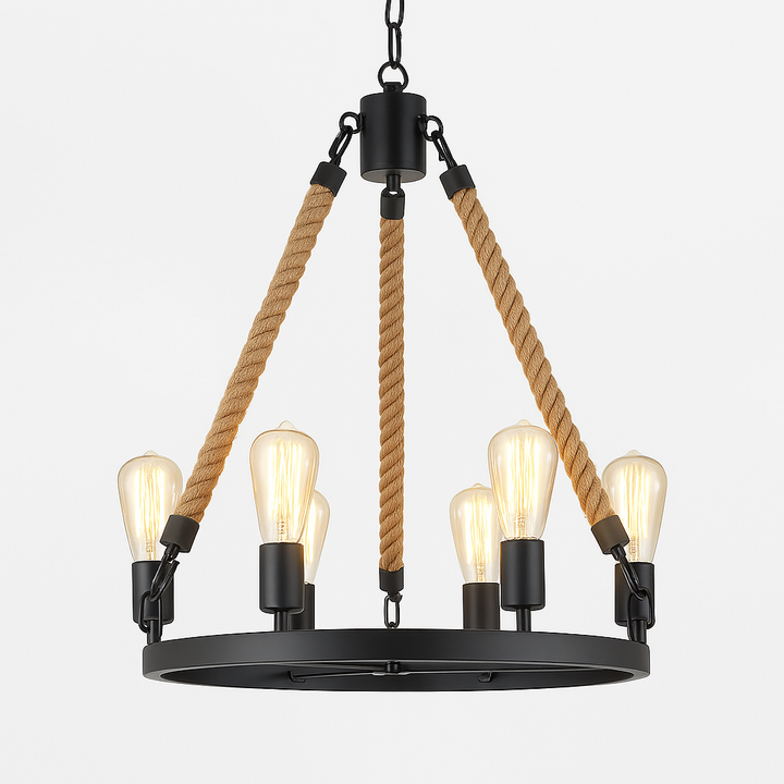 Homes Elite Rustic Rope Chandelier 6-Light Industrial Pendant with Edison Bulbs and Matte Black Frame