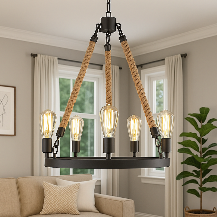 Homes Elite Rustic Rope Chandelier 6-Light Industrial Pendant with Edison Bulbs and Matte Black Frame