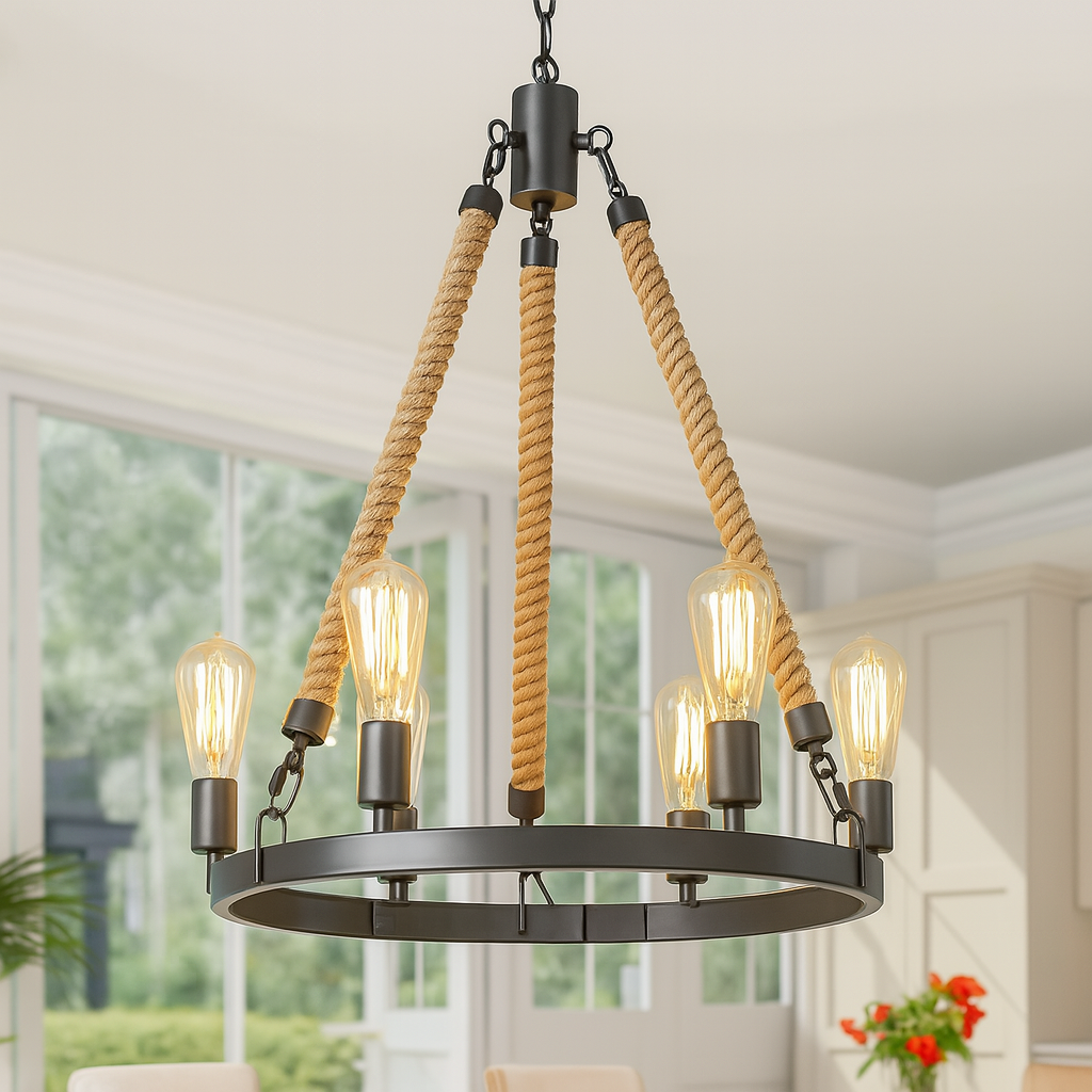 Homes Elite Rustic Rope Chandelier 6-Light Industrial Pendant with Edison Bulbs and Matte Black Frame