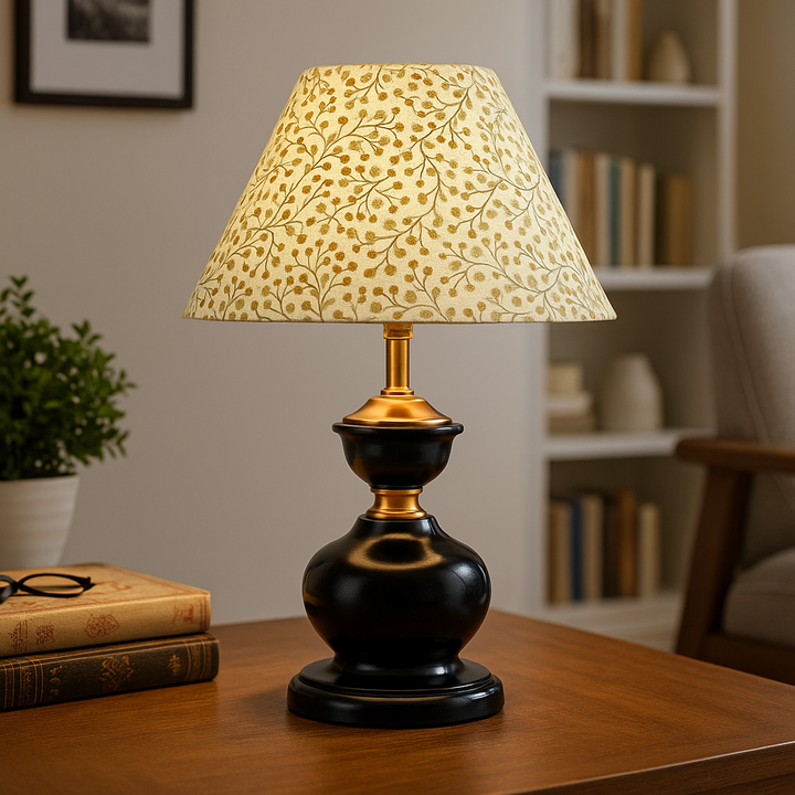 Homes Elite Vintage Floral Table Lamp Black Curved Base with Printed Tapered Shade for Classic Interiors