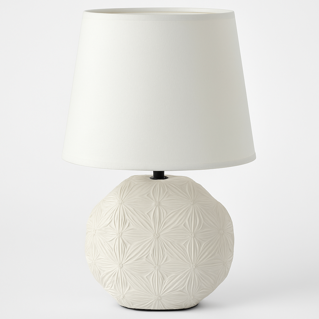 Homes Elite Textured Ceramic Table Lamp Soft Beige Shade with Embossed White Base for Serene Bedroom Decor