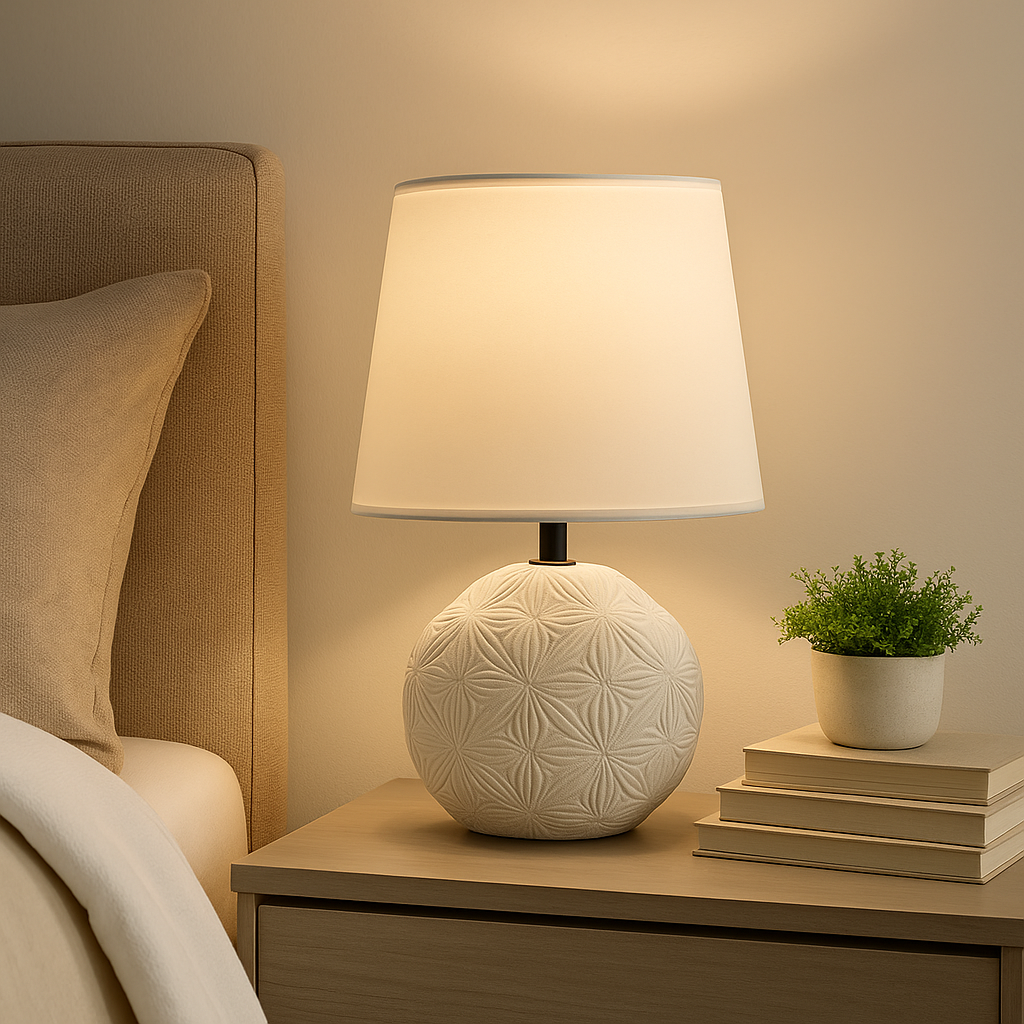 Homes Elite Textured Ceramic Table Lamp Soft Beige Shade with Embossed White Base for Serene Bedroom Decor