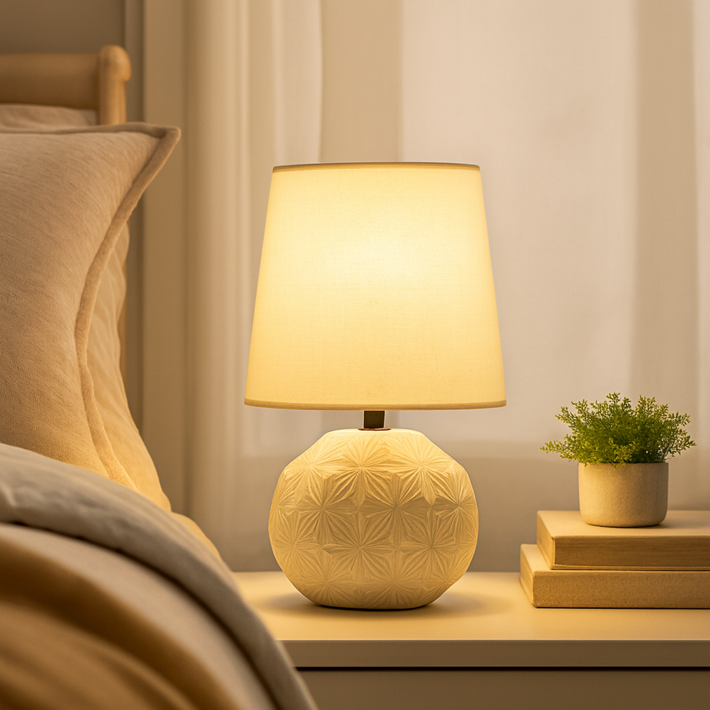 Homes Elite Textured Ceramic Table Lamp Soft Beige Shade with Embossed White Base for Serene Bedroom Decor