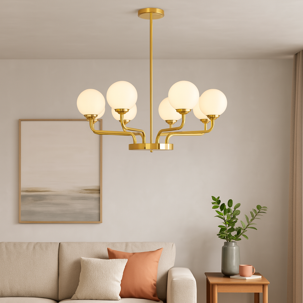 Homes Elite 8-Light Globe Chandelier – Modern Gold Brass Finish with White Glass Shades for Living & Dining Room