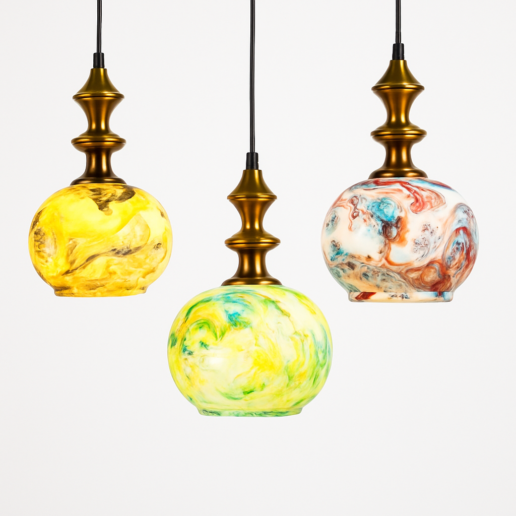 Homes Elite Artisan Handcrafted Glass Pendant Lights Colorful Swirl Design with Antique Brass Finish (Set of 3)