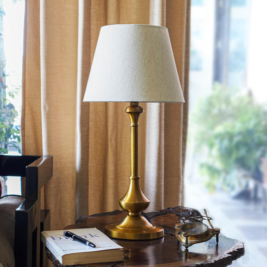 Homes Elite Classic Brass Table Lamp with Off-White Shade Elegant Living Room & Bedside Lighting