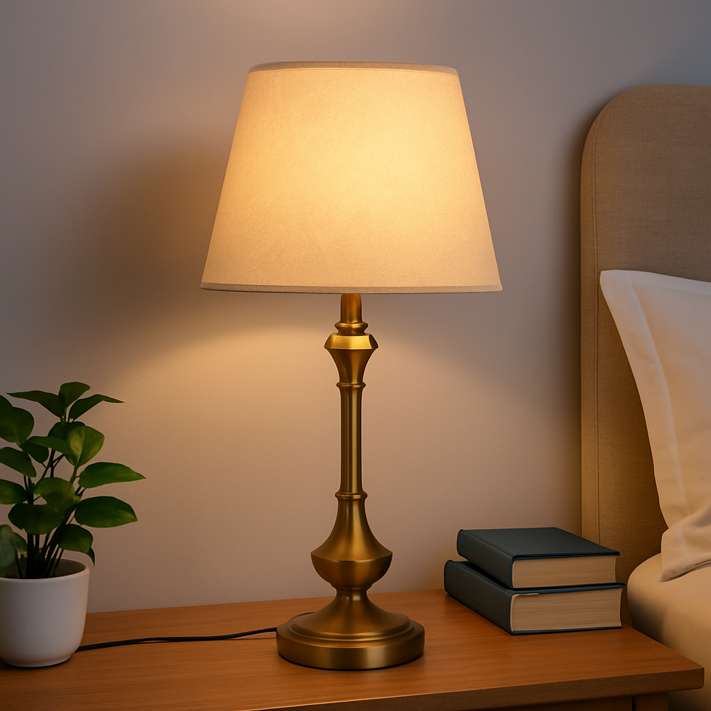 Homes Elite Classic Brass Table Lamp with Beige Fabric Shade Elegant Bedside & Living Room Lighting