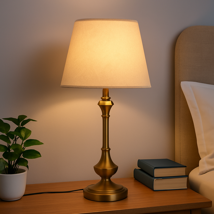 Homes Elite Classic Brass Table Lamp with Beige Fabric Shade Elegant Bedside & Living Room Lighting