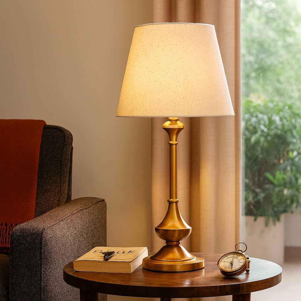 Homes Elite Classic Brass Table Lamp with Off-White Shade Elegant Living Room & Bedside Lighting