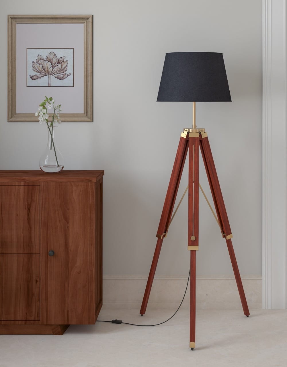 Homes Elite Modern Tripod Floor Lamp with Black Shade Adjustable Wooden Stand & Brass Accents
