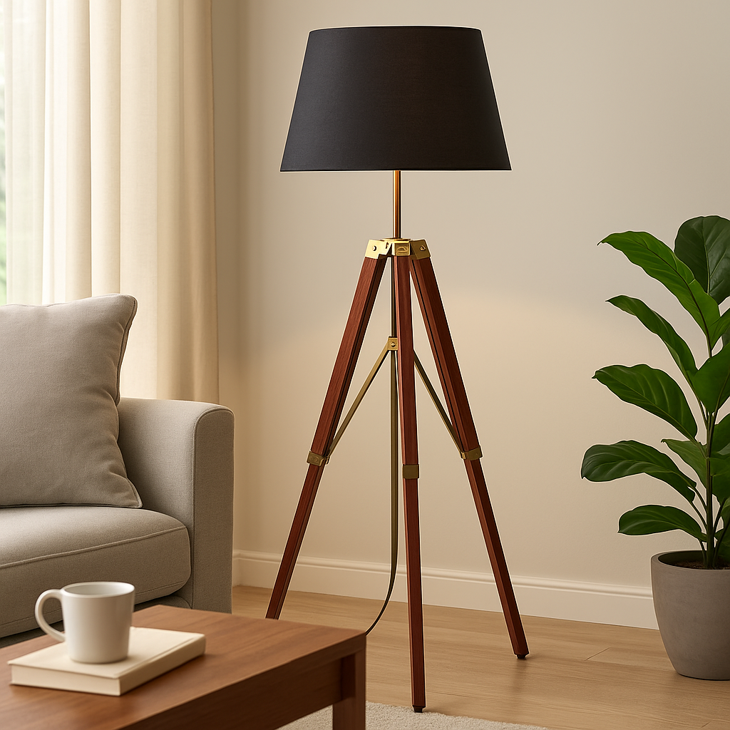 Homes Elite Modern Tripod Floor Lamp with Black Shade Adjustable Wooden Stand & Brass Accents