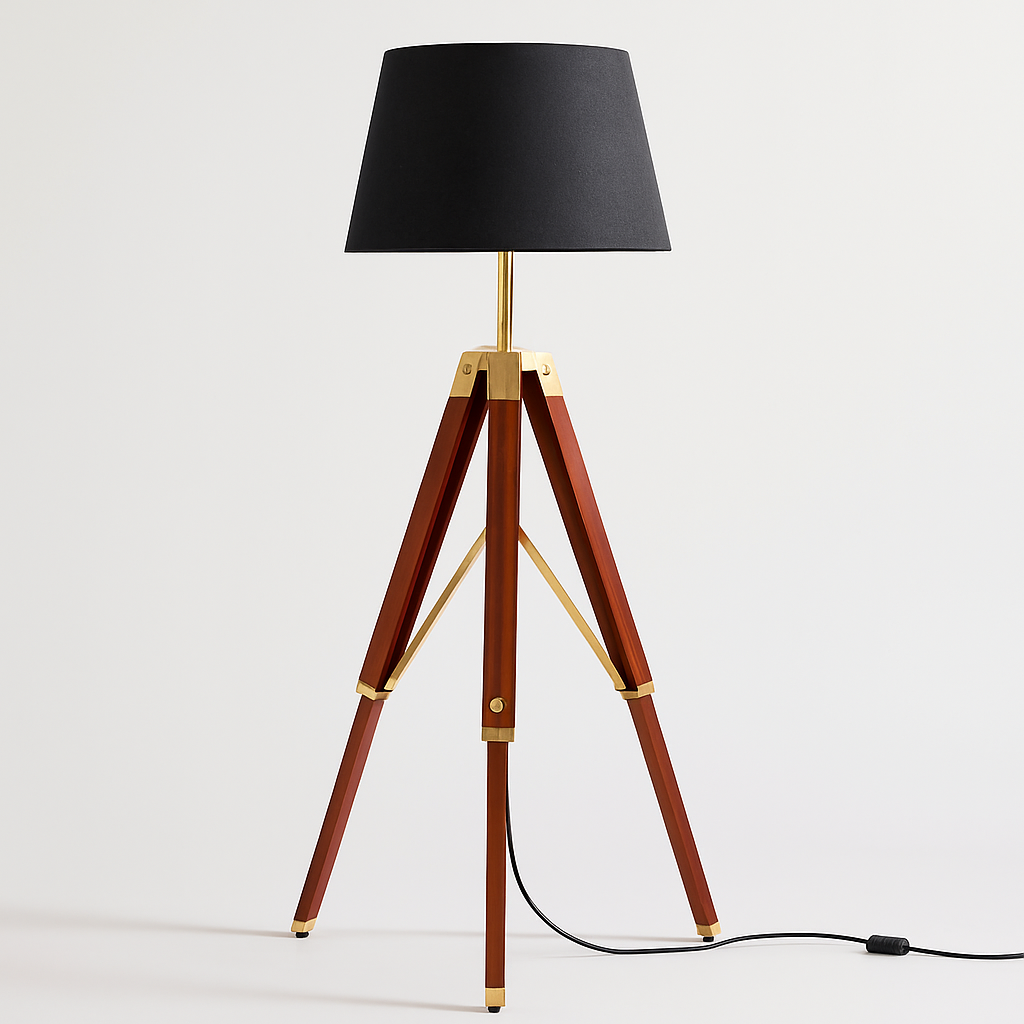 Homes Elite Modern Tripod Floor Lamp with Black Shade Adjustable Wooden Stand & Brass Accents