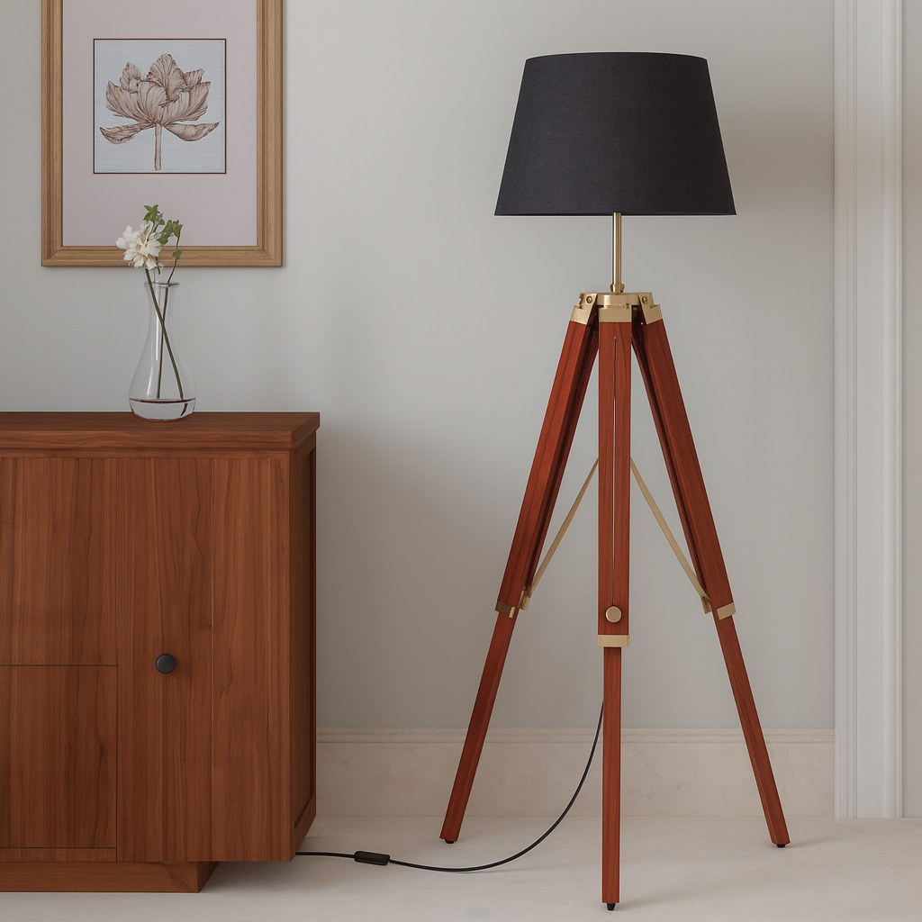 Homes Elite Modern Tripod Floor Lamp with Black Shade Adjustable Wooden Stand & Brass Accents