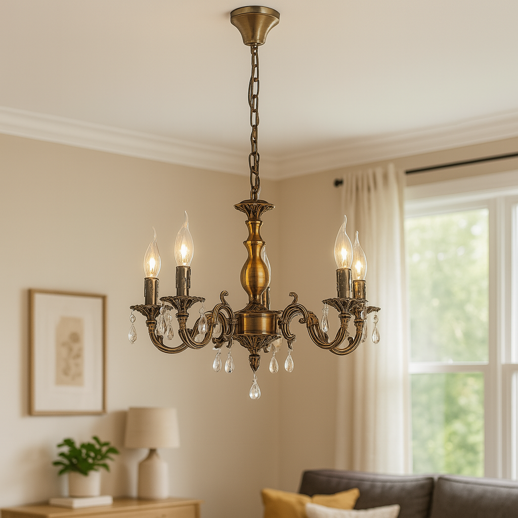 Homes Elite Vintage Brass Crystal Chandelier 5-Light Antique Candle Style Hanging Light for Living & Dining Rooms