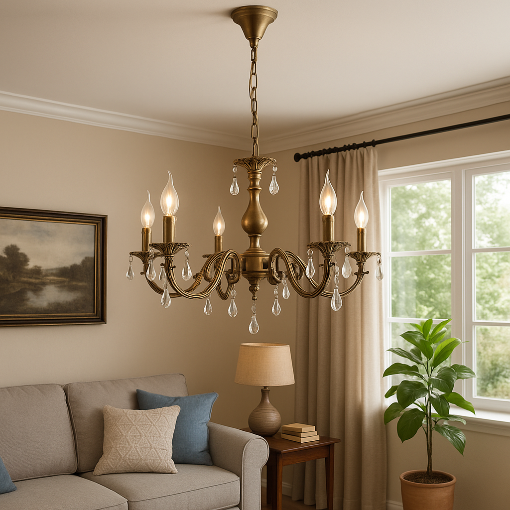 Homes Elite Vintage Brass Crystal Chandelier 5-Light Antique Candle Style Hanging Light for Living & Dining Rooms