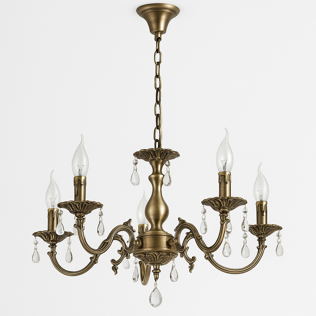 Homes Elite Vintage Brass Crystal Chandelier 5-Light Antique Candle Style Hanging Light for Living & Dining Rooms